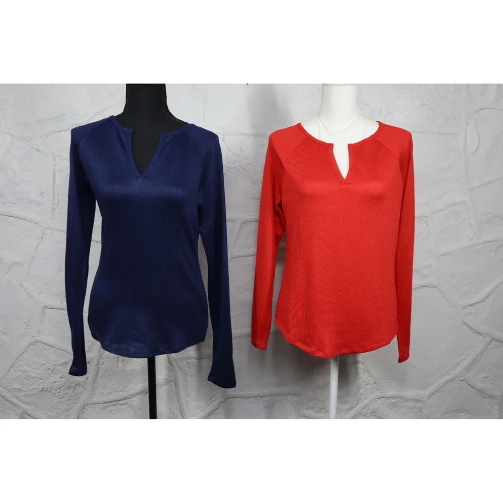 Jenni‎ Women's Split-Neck Pajama TopBundle of 2 - Red - Navy - Size Medium